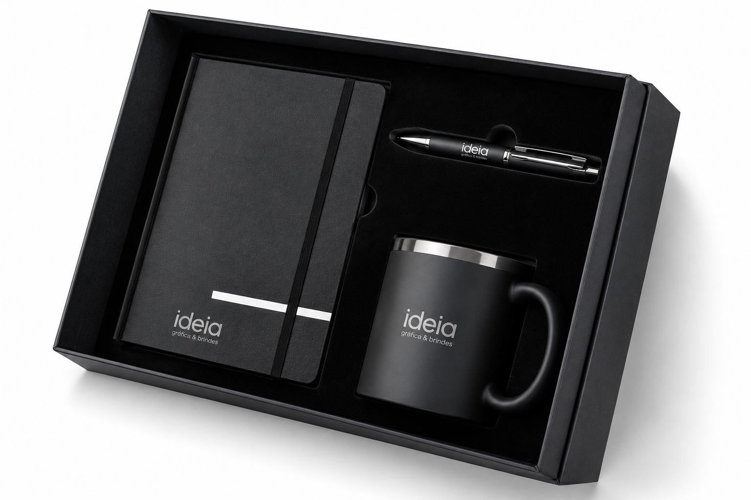 Kit executivo personalizado com caderneta caneta e caneca corporativa