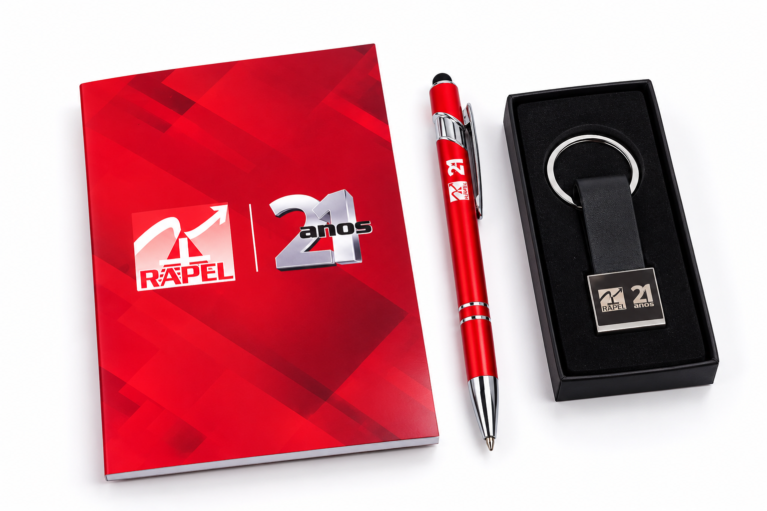 Kit corporativo personalizado Rapel com caderneta, caneta metálica e chaveiro