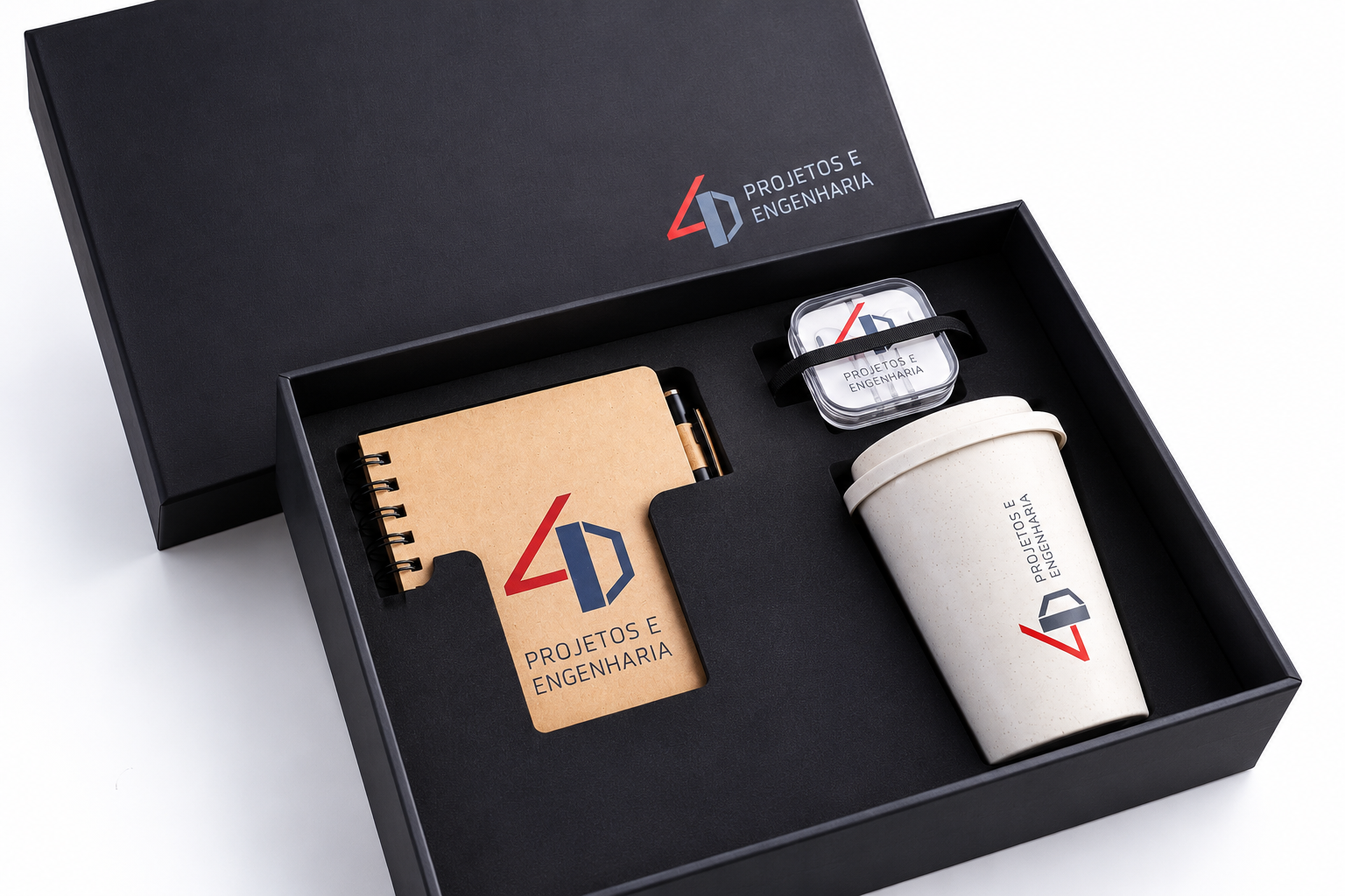 Kit corporativo premium em caixa personalizada com caderneta, caneta e copo