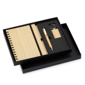 Kit executivo ecológico personalizado 3 peças em bambu com caderneta, caneta e chaveiro