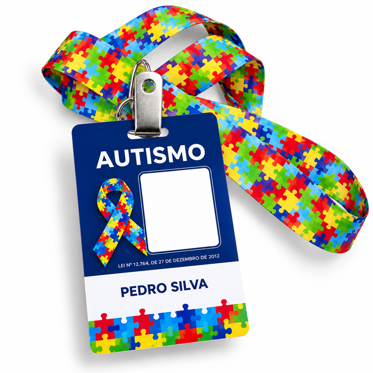 Exemplo de crachá personalizado de identificação relacionado ao autismo